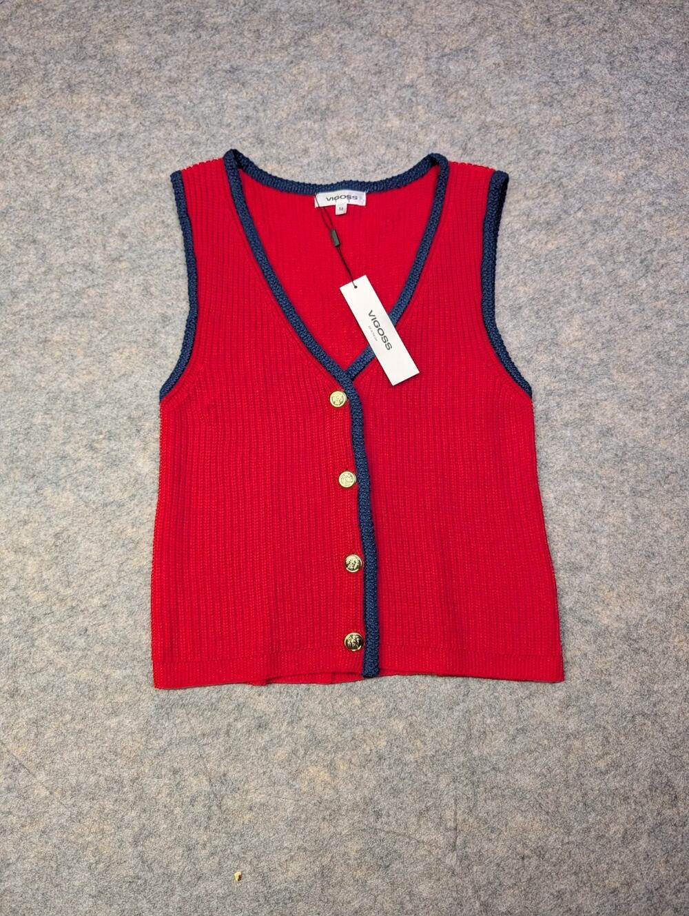 NWT Vigoss Size Medium Red Button Front Sweater Vest Classic Preppy USA